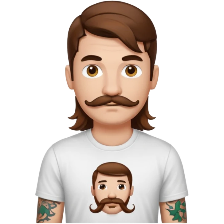 A DEVELOPER WITH A laptop, USING t-shirt, long hair, mustache, tattoo, piercing emoji