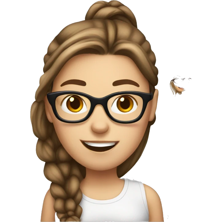 white girl, brown hair in ponytail, glasses and sticking her tongue out emoji
