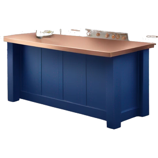 Realistic front facing cobalt and rose gold kitchen counter island bar. emoji