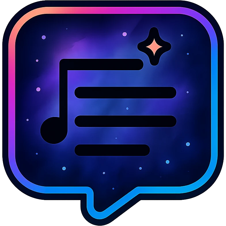 lyrics icon, modern clean abstract lyrics symbol with neon border and glowing effect, dark purples blues blacks base, nebula gradients, small bright stars, specular highlights, luminous look emoji