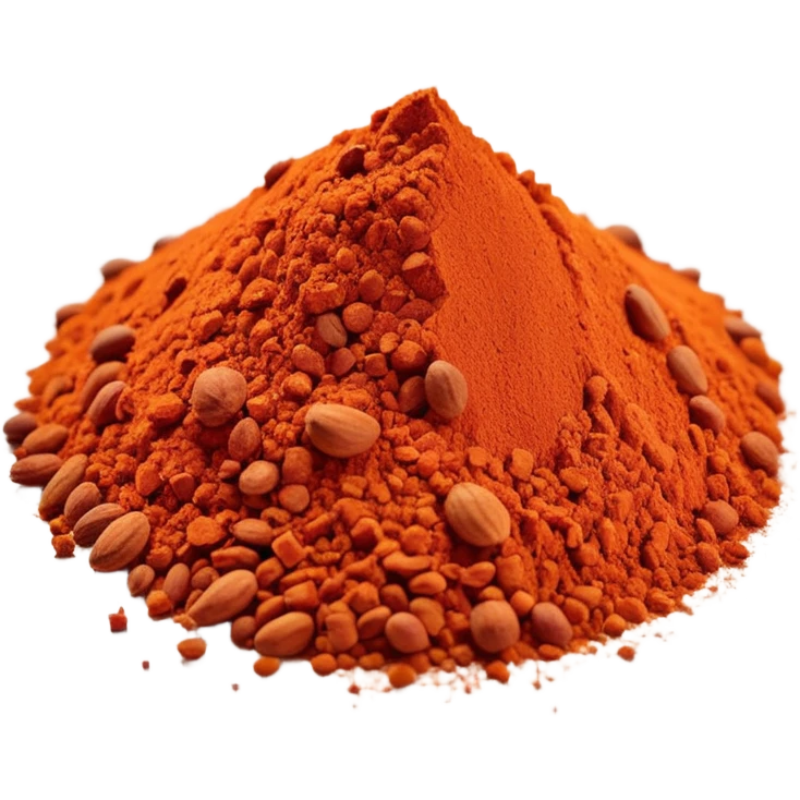 small scatter or mound of vibrant red-orange spice powder with slightly coarse flaky texture and matte finish, warm earthy color suggesting sun-dried peppers ground into fragrant flavorful dust, no bowl spoon or garnish, soft lighting, subtle shadows, emoji scale emoji
