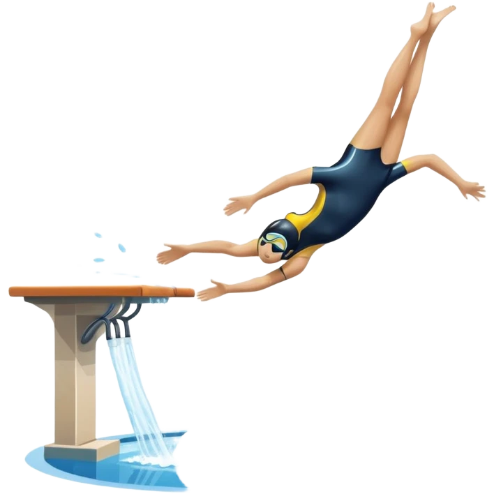 An icon showing a diver captured mid-air in a graceful pose above a pool, with a diving board behind and water below. Splash trails and motion lines emphasize precision and elegance. Transparent background highlights the beauty and focus of competitive diving. emoji
