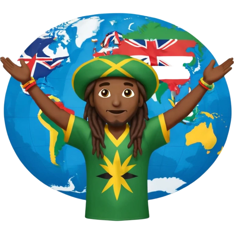 Rasta man with arms wide open 🙌🏾🔥 standing in front of world map 🌍🎶 with every flag 🇯🇲🇺🇸🇬🇧🇫🇷🇮🇳🇧🇷🇳🇬 saying ONE LOVE 💛💚❤️ to di world 🌐🦁 emoji