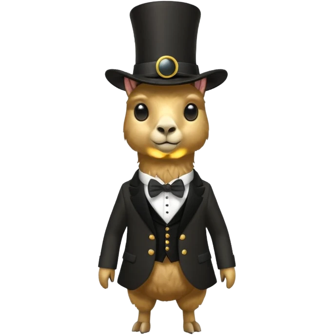 A small golden llama silhouette wearing a black top hat and a monocle full body shot emoji