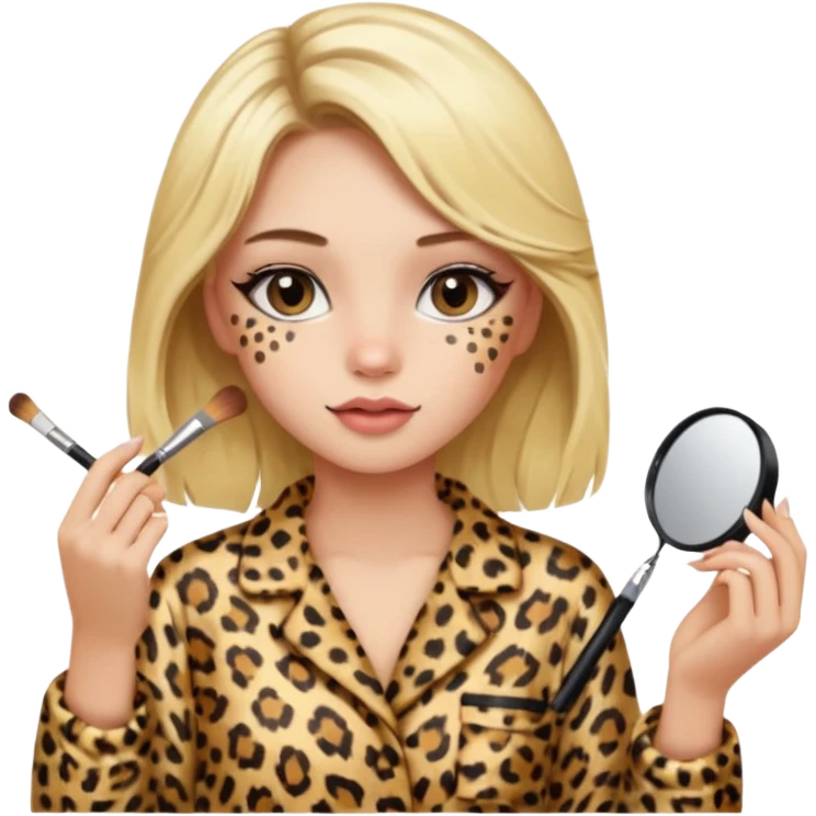 Az una chica maquillándose con el pelo rubio y con un pijama de leopardo aesthetic emoji