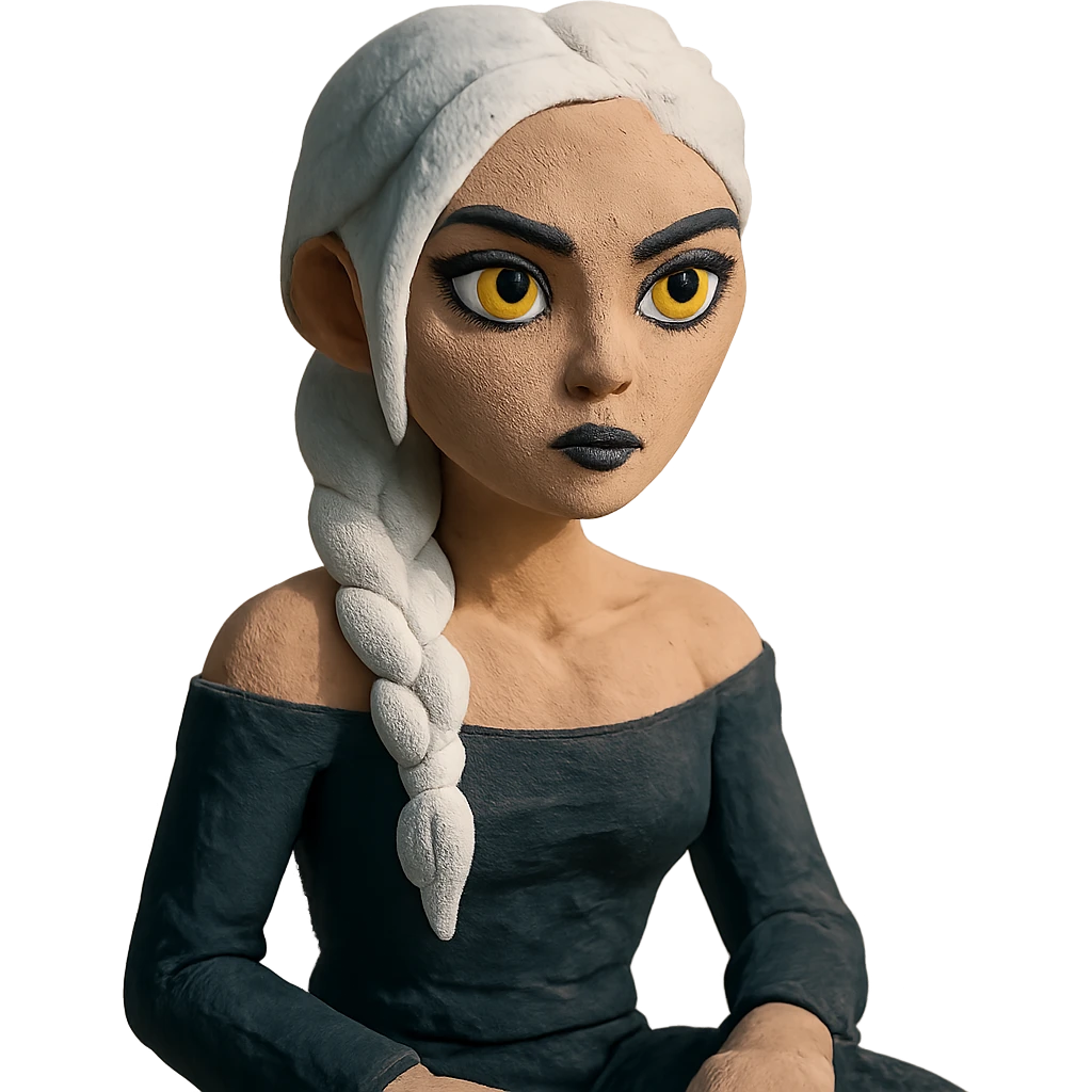 closeup portrait of young woman with gold yellow eyes, white hair in a long braid, black off-shoulder top, punk gothic style, futuristic cyberwave, sitting position emoji
