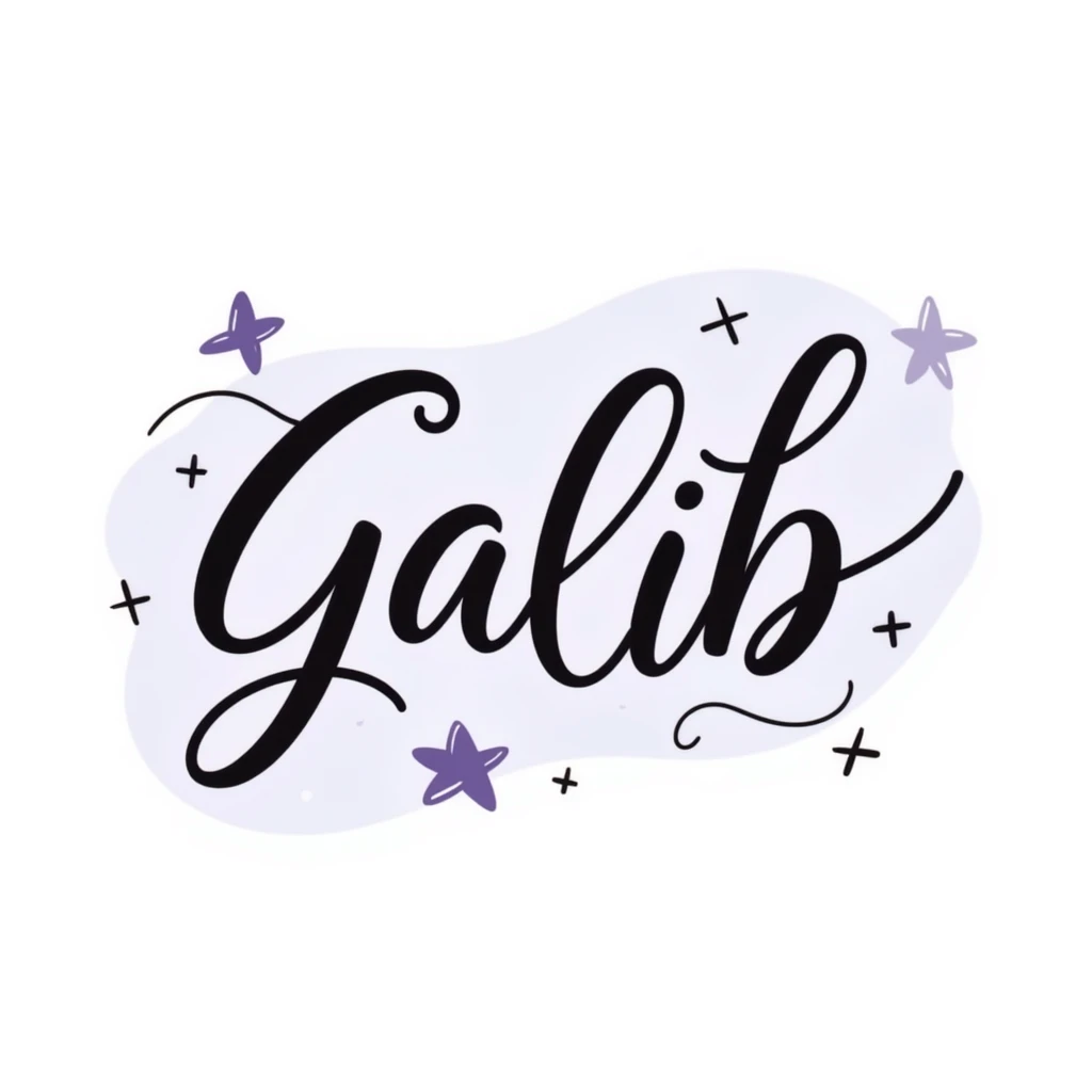 elegant cursive and bold typography of the word 'Galib' in a dreamy style, surrounded by ✨💖🌙💫🔥 emojis, with a soft gold-lavender-blue gradient, luxurious and glowing emoji