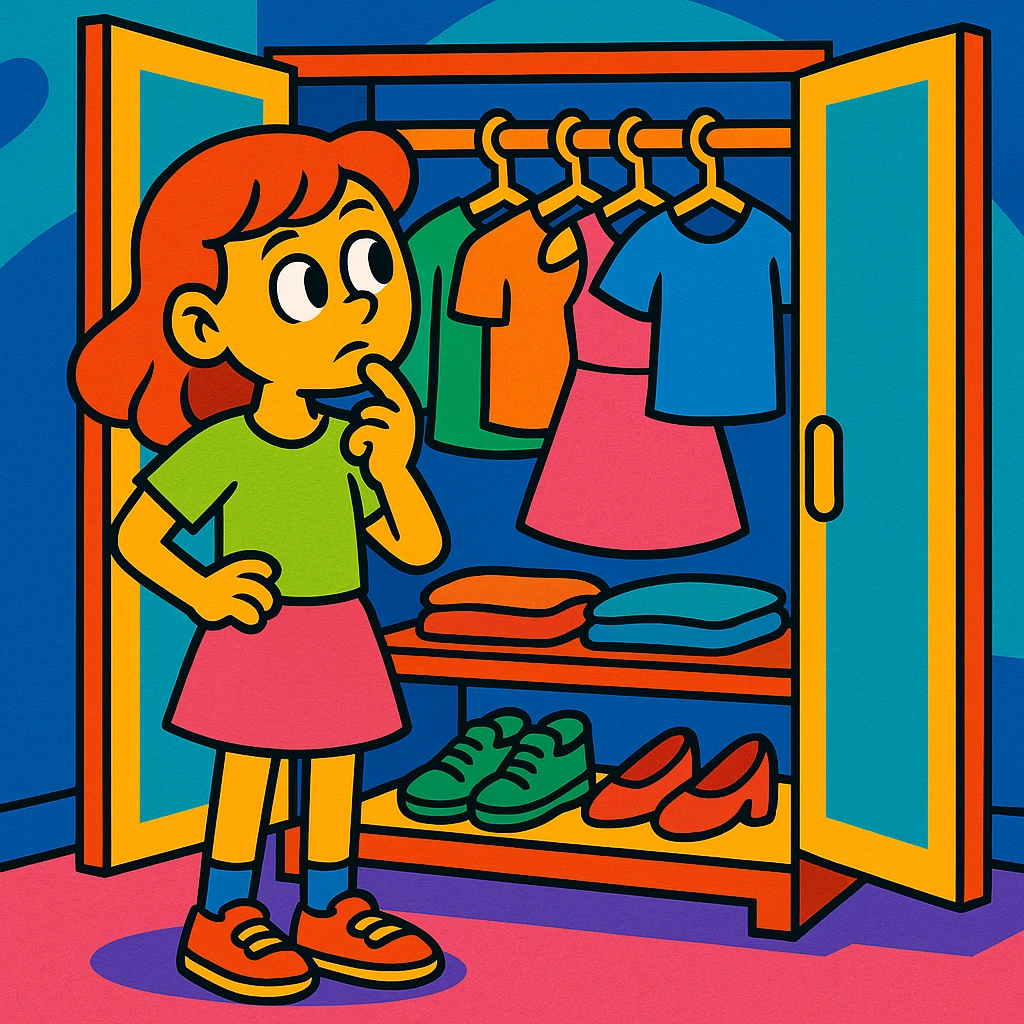 girl in front of open closet, pondering outfit, colorful, cartoon style, vibrant toon style, playful emoji