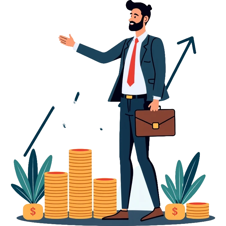 Finance expert businessman with briefcase, stock market chart, and money emoji