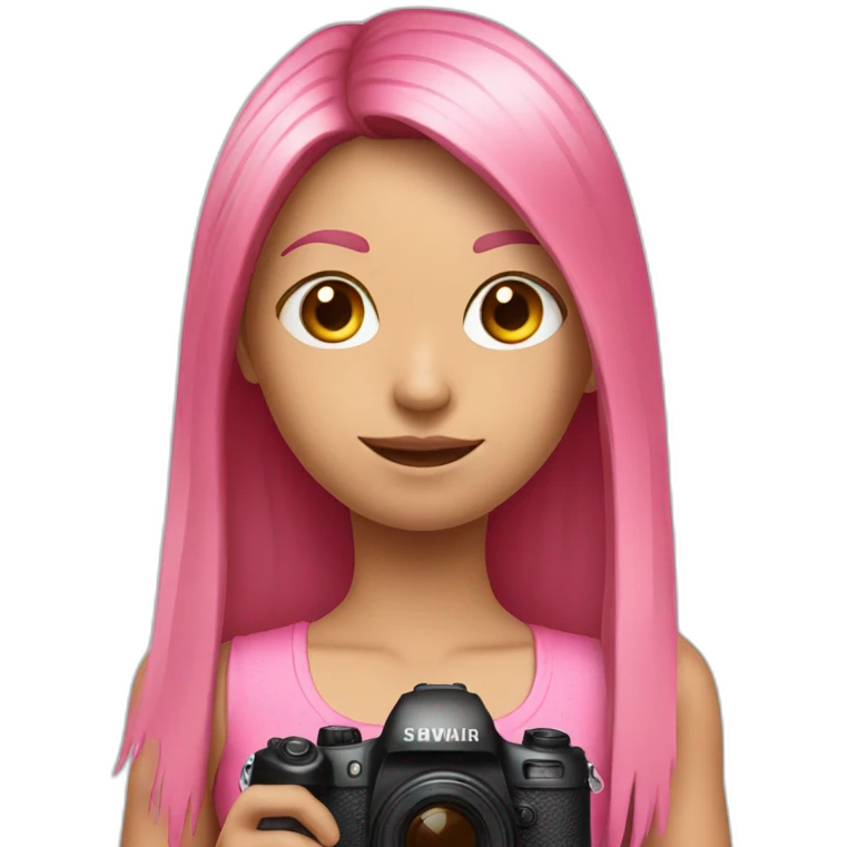 girl with long, straight rose hair and fringe and holding camera and wearing pink tank top emoji