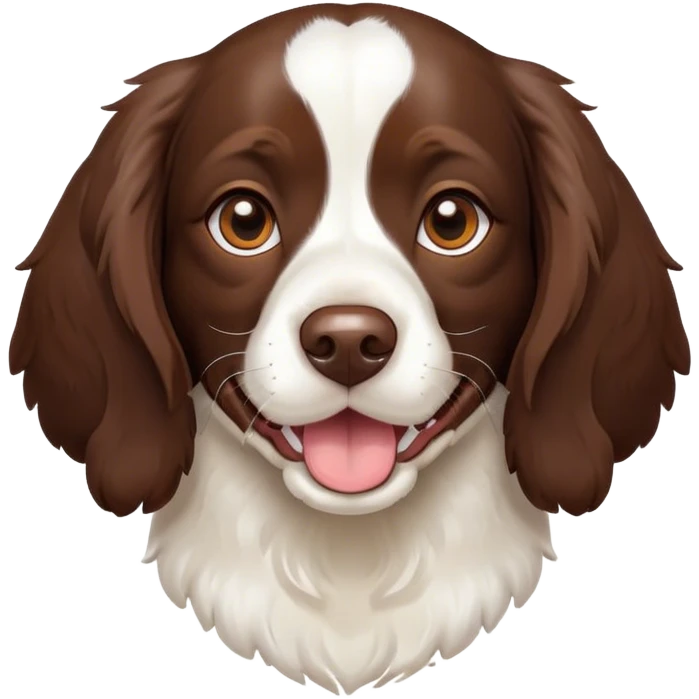 Cinematic Cute Springer Spaniel Portrait Emoji, Head tilted playfully and inquisitively, featuring a vibrant Fur of liver and white with a natural sheen, round, sparkling brown eyes filled with curiosity, Simplified yet irresistibly adorable features, highly detailed, glowing with a warm, friendly glow, high shine, affectionate and lively, stylized with a touch of whimsy, bright and endearing, soft glowing outline, capturing the essence of a mischievous yet loving pup, so playful it feels like it could frolic out of the screen and into your arms! emoji