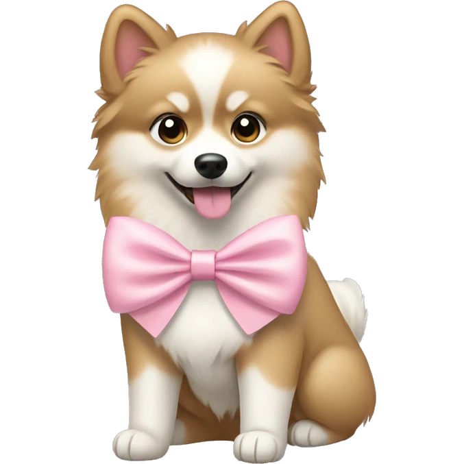 Tan and white pomsky dog with a light pink bow emoji
