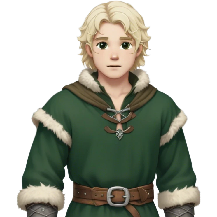 Medieval winter outfit worn by a DnD themed fantasy male character. Double-layered forest green wool tunic with bear fur lining, decorated with pewter toggle closures and a thick woven belt. Clothes only above the waist, full waist coverage. The character has no arms. Character is white-skinned with pale blonde hair, steel gray eyes, and medium-length wavy hair with frost-tipped ends emoji