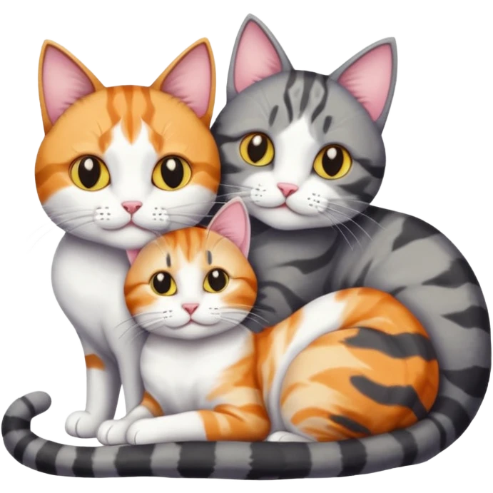 two cats in love, a colourful light patched calico + white tabby cat cuddling a bigger cat that is dark grey and white tabby cat emoji