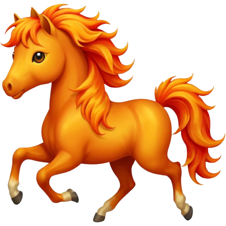 Cute smiley face of a fiery horse with a flowing mane, full-length, galloping emoji