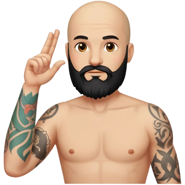 Bald man with black beard with tattoos raising his hand emoji