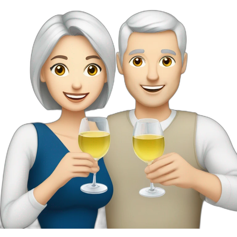caucasian woman with brown eyes and blond short hair and a caucasian man with blue eyes and grey hair, toasting with a glass of white wine emoji