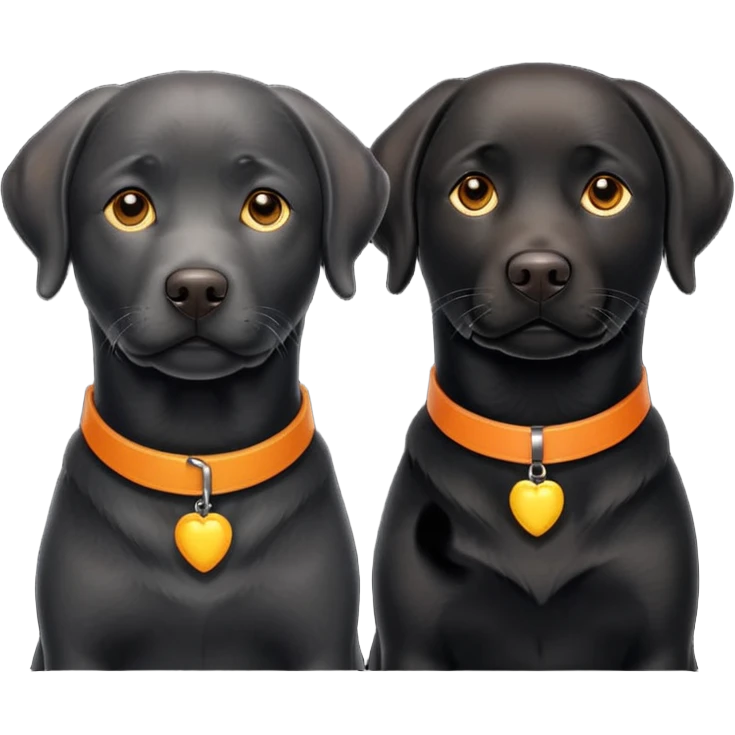 2 black labrador, adult, one has a yellow and the other an orange collar emoji