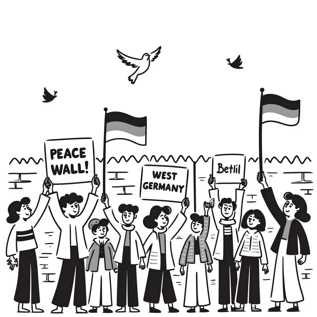protesting people with signs featuring slogans, the Berlin Wall, peace dove, East and West Germany flags, 1950s and 60s emoji