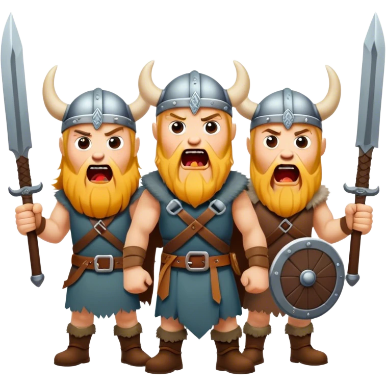 three different Vikings scream, weapons in their hands, realistic emoji