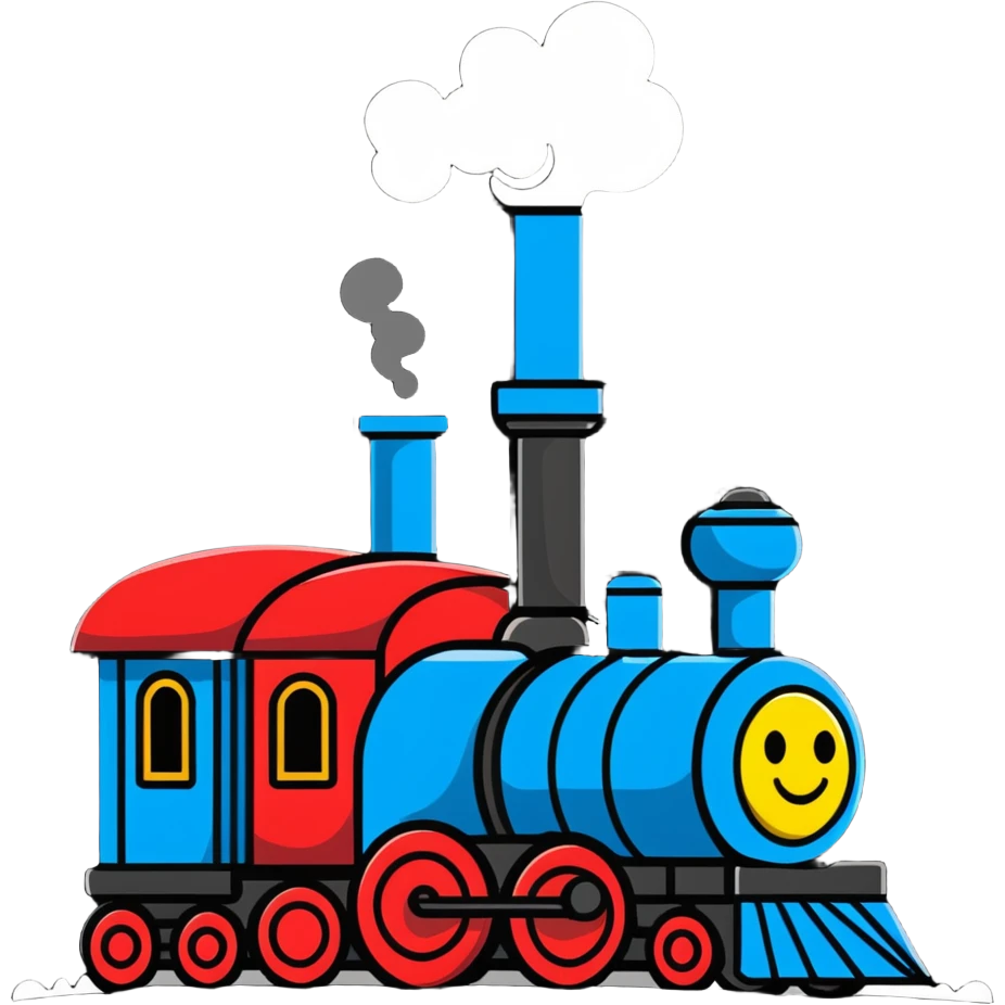 A cartoon toy train with a bright happy face and steam coming from its chimney emoji