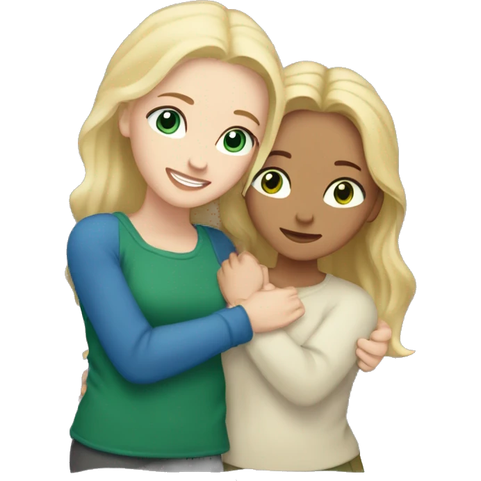 two white sisters hugging oane blonde with blue eyes and the other one with brown hair and green eyes  emoji