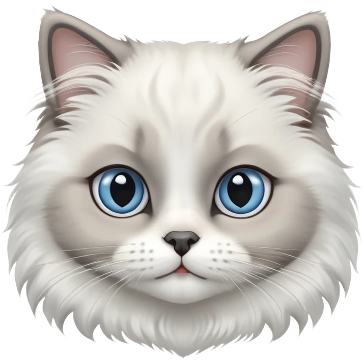 cinematic-adorable-big-eyed-fluffy-white and grey-ragdoll-cat-portrait-emoji,-head-tilted-playfully-with-a-sweet-expression,-fluffy-grey seal colour with white-fur,-simplified-yet-irresistibly-cute-features-with-large,-blue eyes expression, emoji