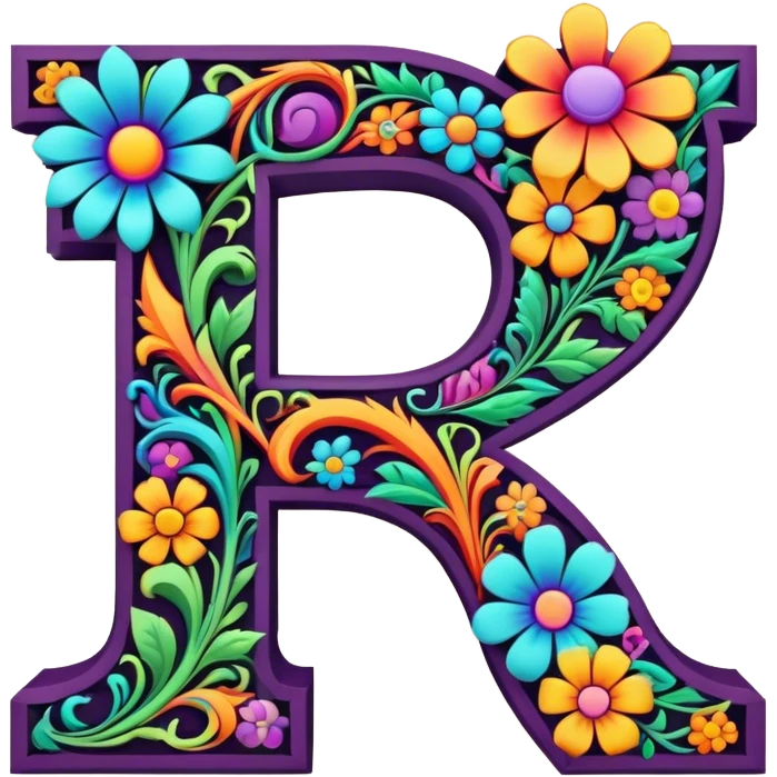 3D, gothic style psychedelic colored Letter “F” with hippie style flower border emoji