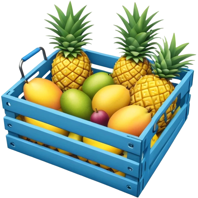pineapples, mango and passion fruit in a blue crate emoji