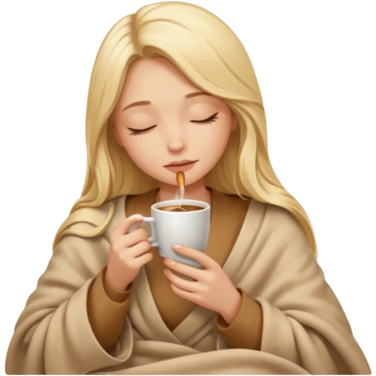Blonde girl long hair inside a beige blanket sipping coffee eyes closed emoji