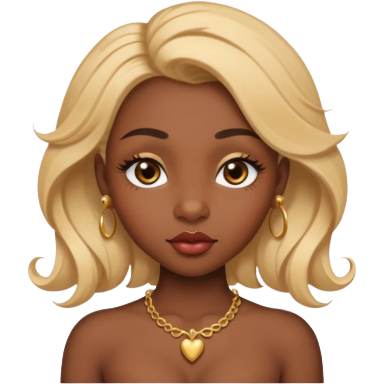 darkskin female with eyebrows that are naturally shaped and frame eyes well, eyes that are almond-shaped with defined lashes. nd lips are full with a defined cupid’s bow, add also a septum piercing that adds an edgy, stylish flair. a middle-part, honey blonde bust-down with laid baby hairs emoji