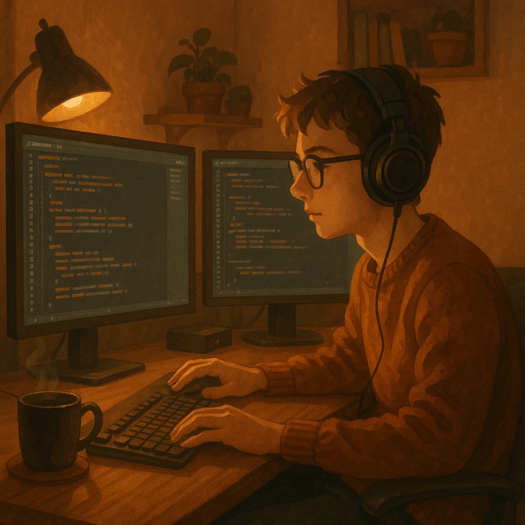 a boy with a headset coding in a cozy setup, warm lighting, monitors, relaxed atmosphere, detailed cozy workspace, ambient lighting emoji
