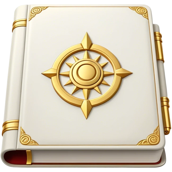 A white leather book with golden accents, smooth and polished, embossed with a symbol of six pillars,, radiating strength, confidence, and the power of self-worth.  emoji