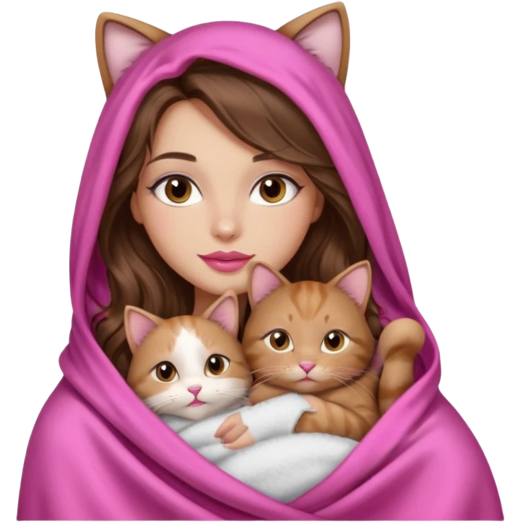 girl with long wavy brown hair, brown eyes, long lashes makeup, sexy pink lips, light to medium complexion, wearing a pink sexy silk top, big blanket over the head cozy holding a cat emoji