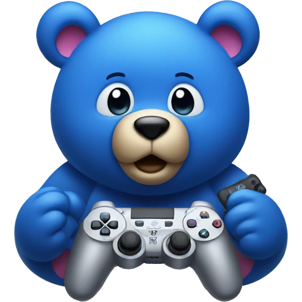 Blue colored bear holding a ps5 controller and making a surprised expression with his face emoji