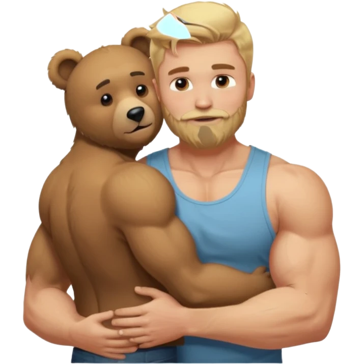 Blonde guy with  faded size and long on top muscular hair with a beard in a tank top muscular hugging a bear emoji