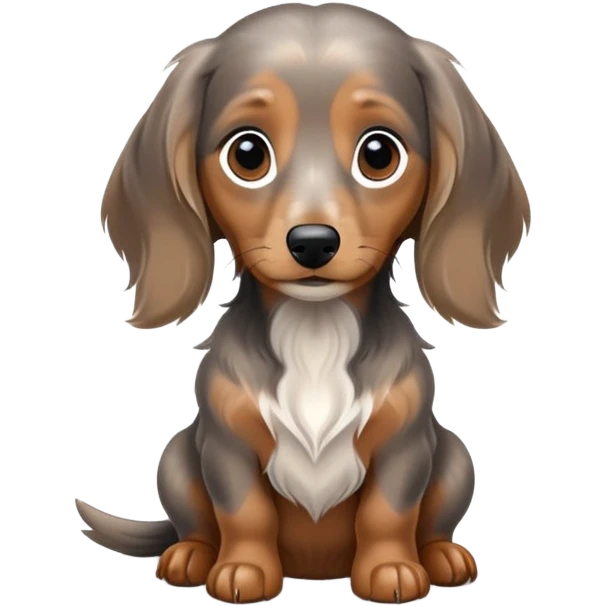 Long haired dapple mini dachshund, tan, gray & black sitting and wanting food  emoji