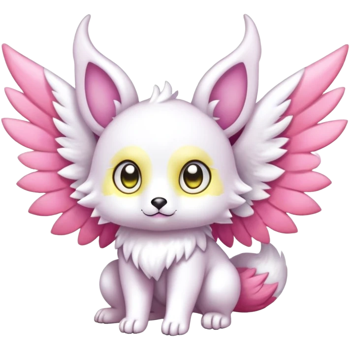 Shiny epic glittery divine white yellow pink animal-fakemon-creature with head-ear-wings, cute, adorable, big eyes, fluffy tail emoji