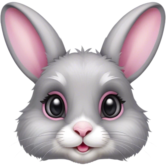 "A lively and expressive young rabbit with soft, fluffy fur in shades of gray and white. He has large, bright eyes full of mischief and curiosity, long ears that perk up attentively, and a small pink nose emoji