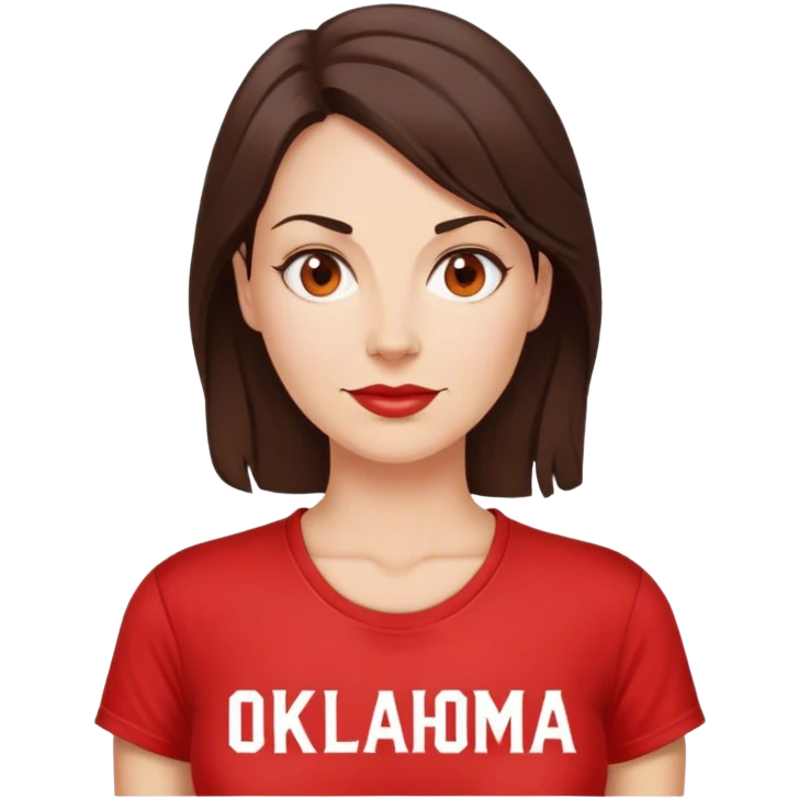 Brunette 40 year old woman in a red “OKLAHOMA” t-shirt emoji