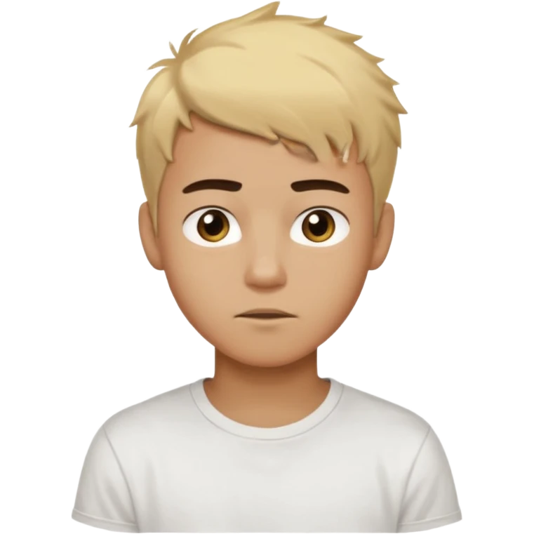 Short buzz, messy blonde hair. Dark brown bushy eyebrows large expressive golden-brown eyes, wearing a plain white t-shirt. Male Teenager. light Dark Brown skin color.  emoji