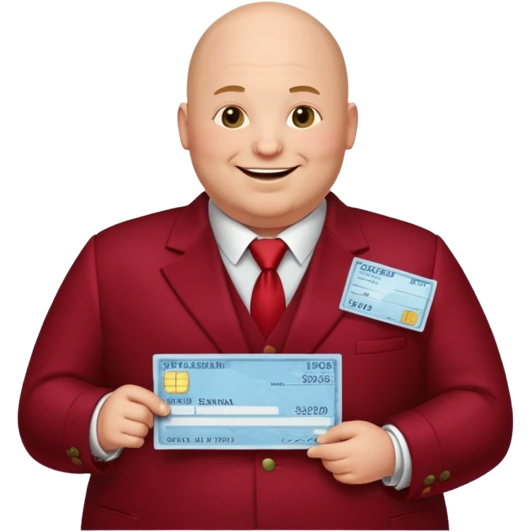 fat guy bold head in dark red velvet suit holding cheque emoji