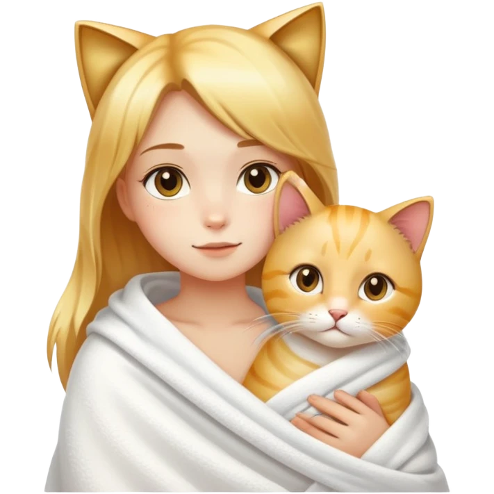Fair skin - beautiful girl - just finished taking a shower - wrapped in a white blanket holding a golden gradient cat emoji