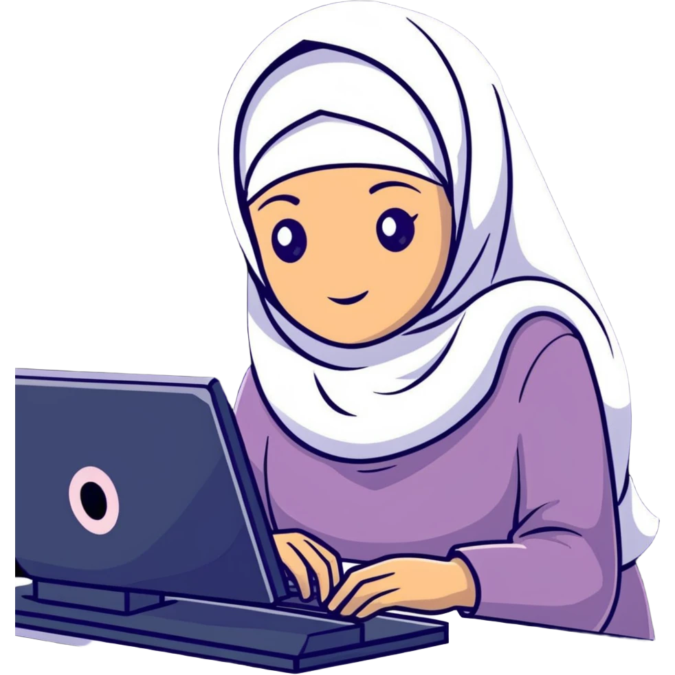 girl wearing hijab as computer science engineer working with metaverse digital world emoji