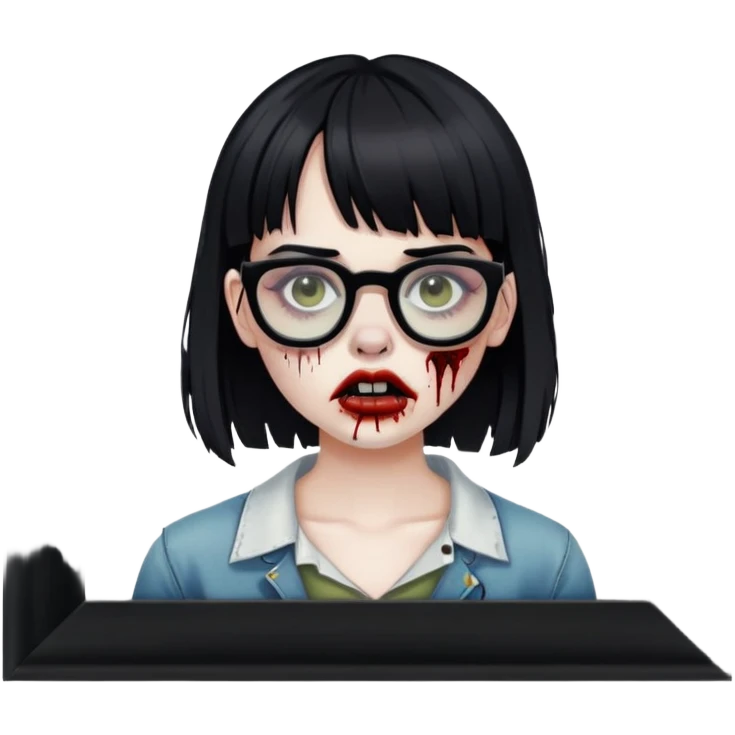 Uma garota zumbi com piercing no septo franja preta e óculos de armação quadrada emoji