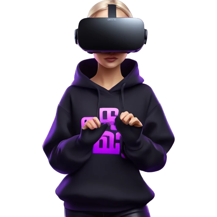 Russian girl wearing black hoody with violet letters "OMG", in vr headset oculus quest2. Dancing. Cyberpunk style. Violet neon. emoji