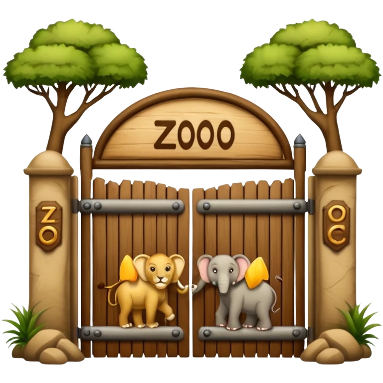 rustic wooden zoo gate with 'zoo' sign, surrounded by an elephant, lion, kangaroo, and monkey, traditional emoji style, not AI art emoji