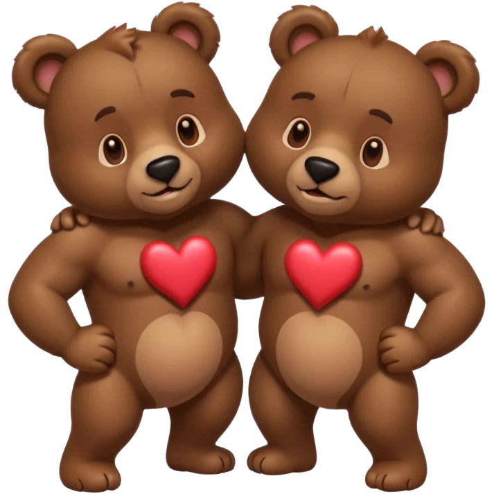 two muscular bears as a couple, affectionate pose, hearts around them emoji