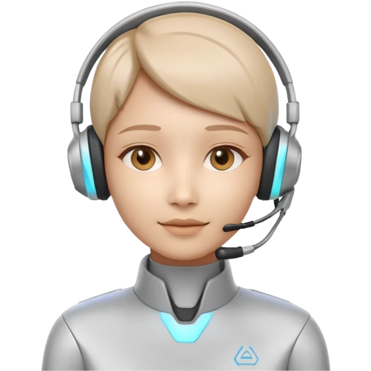 AI Call Agent holo-human-like Cyber AI face, warm, calm and friendly. Holographic look.Soft AI face with a listening, welcoming expression, minimal facial lines, calm eyes. Light headset. emoji