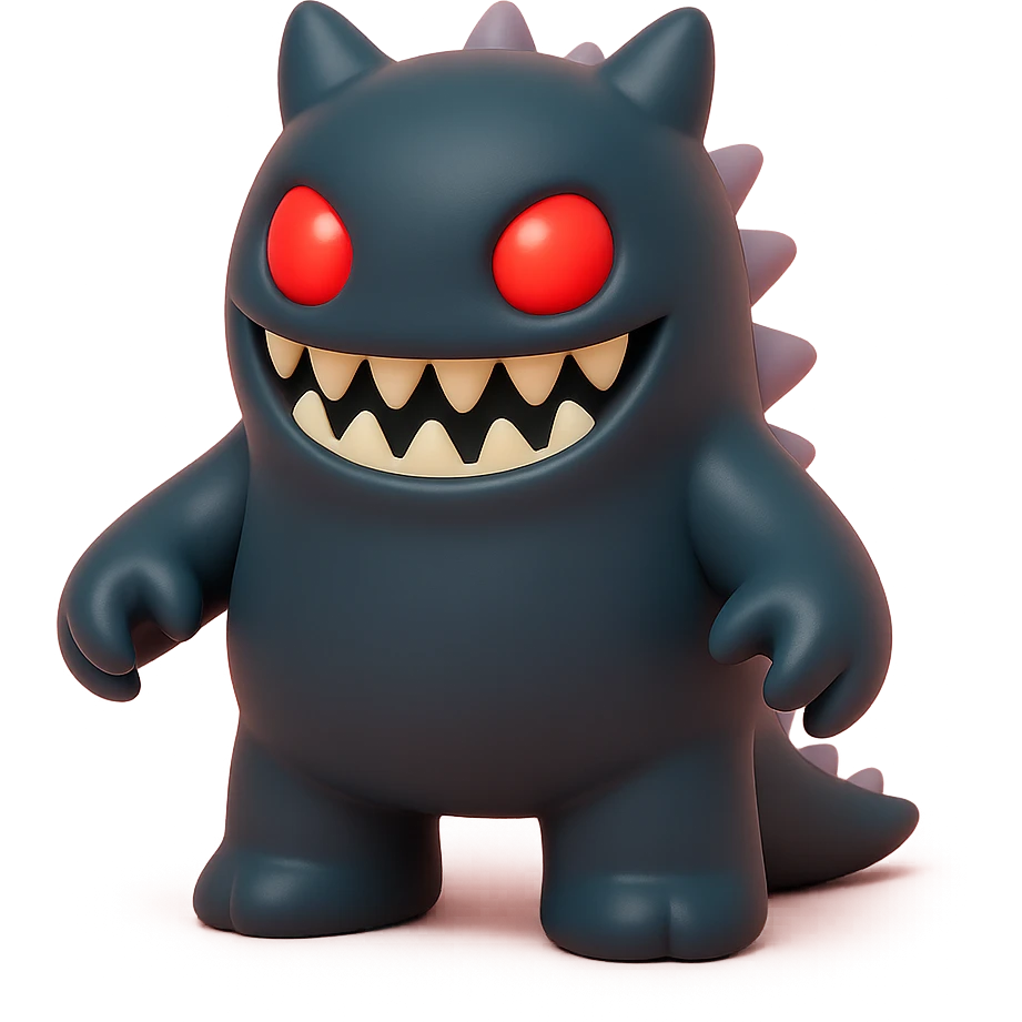 scary monster with sharp teeth, glowing red eyes, spiky body, dark color palette, toy-like vinyl figure style emoji